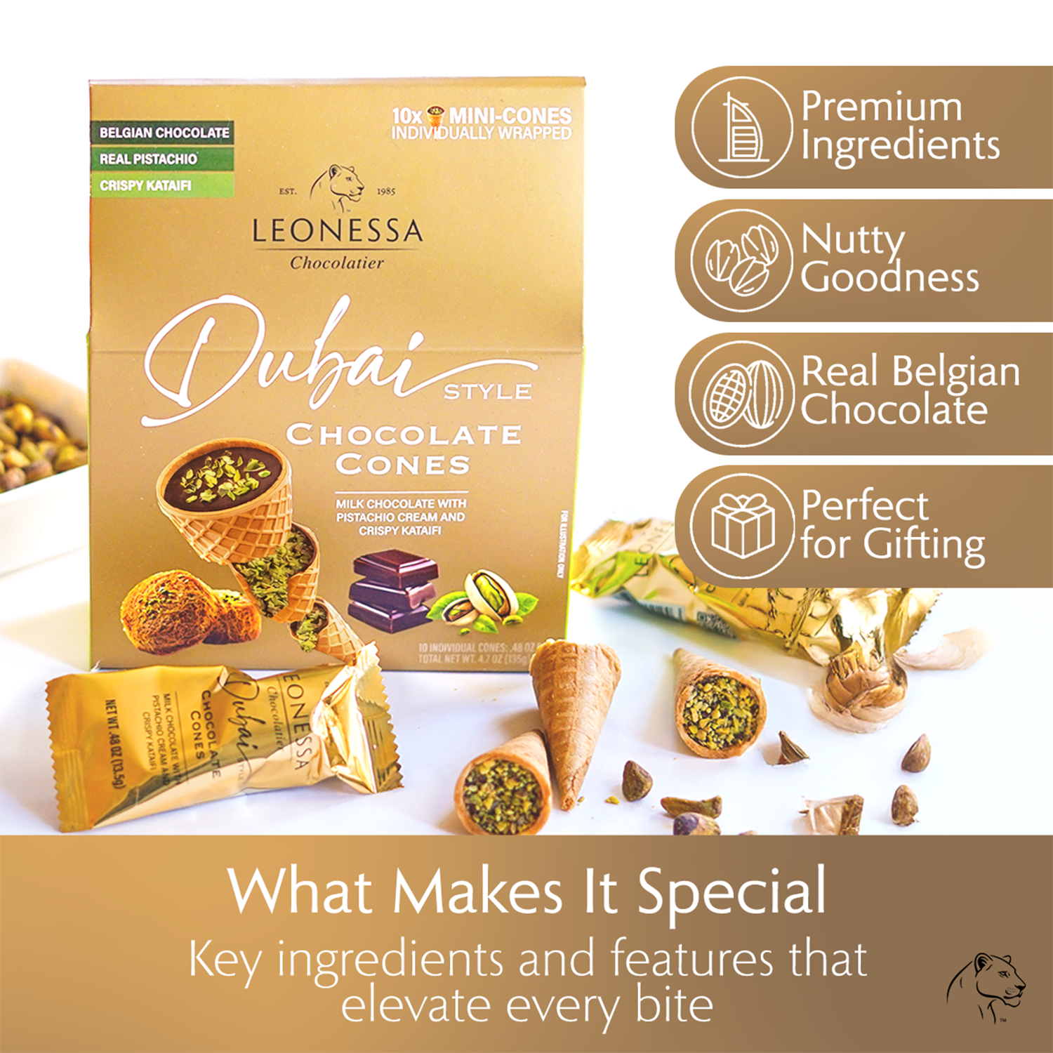 Leonessa Dubai Chocolate Cones - Gable Box