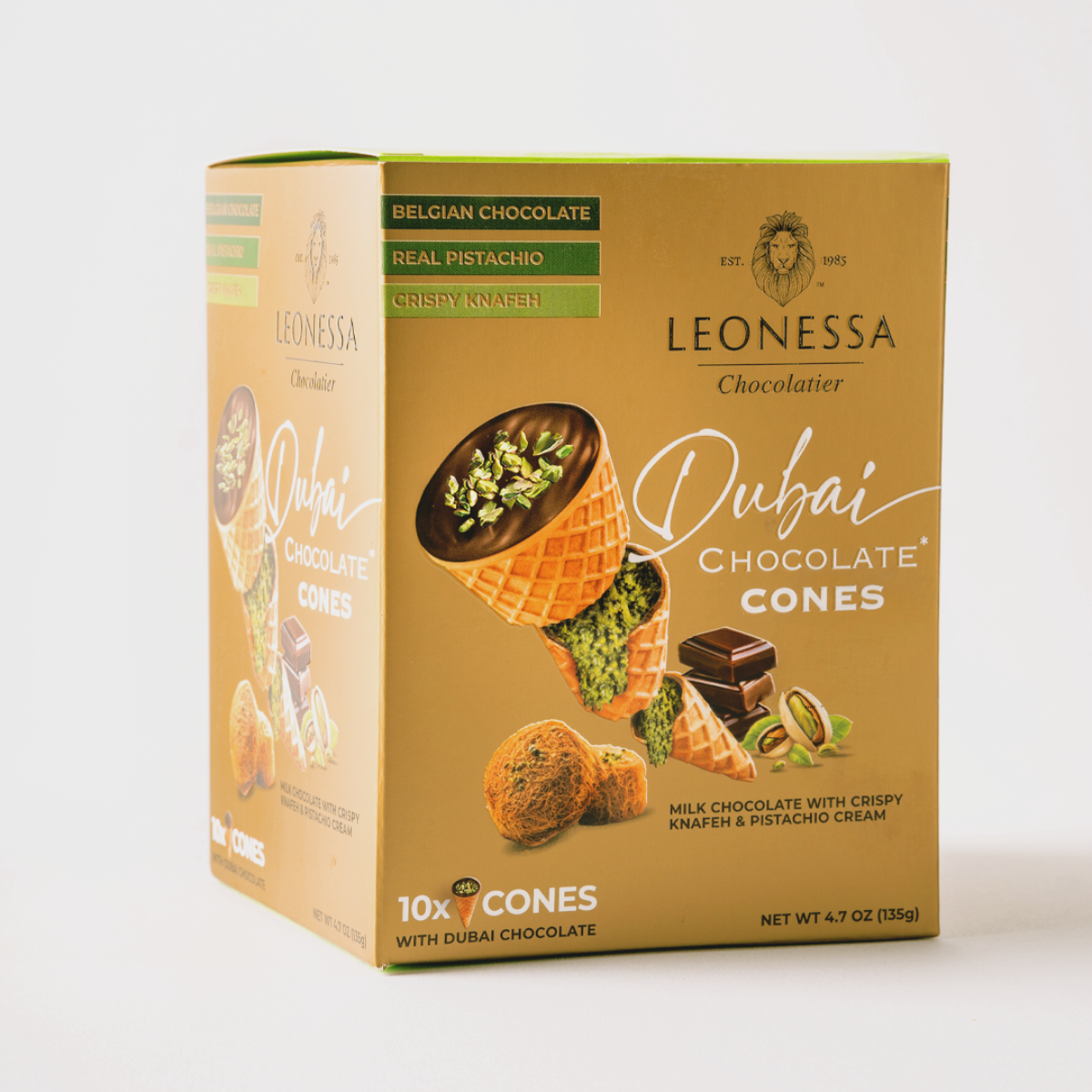 Box of Leonessa Dubai Chocolate Cones on a white background