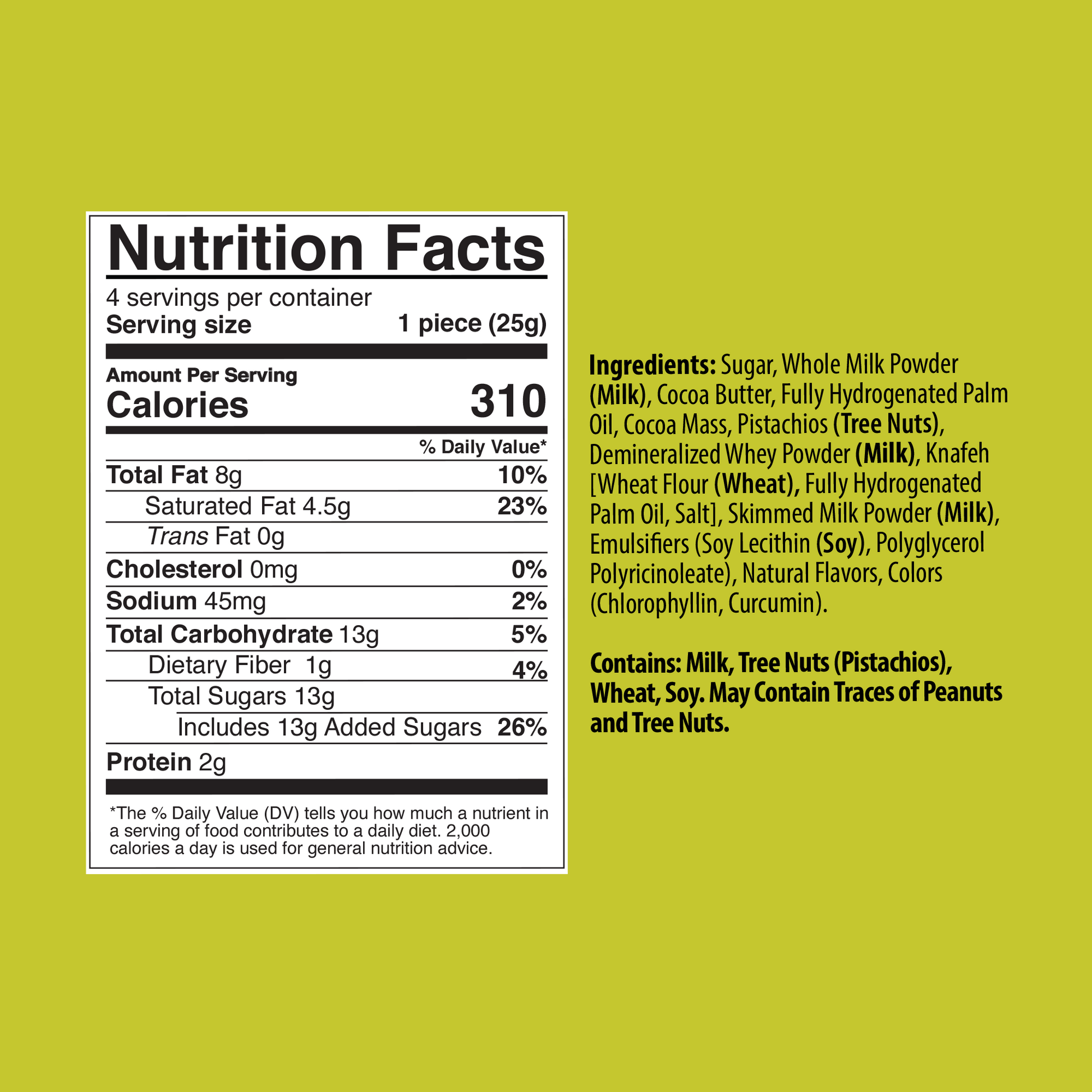 Nutrition label for Leonessa Dubai Chocolate showing ingredients like milk, pistachios, soy, and wheat.