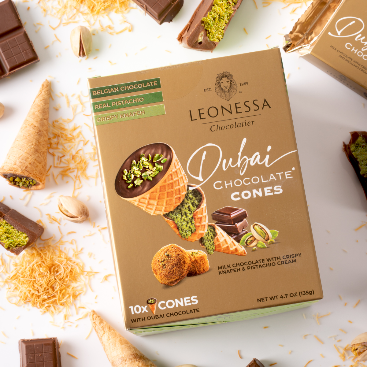Leonessa Dubai Chocolate Cones packaging with chocolate cones and pistachio pieces on a white background