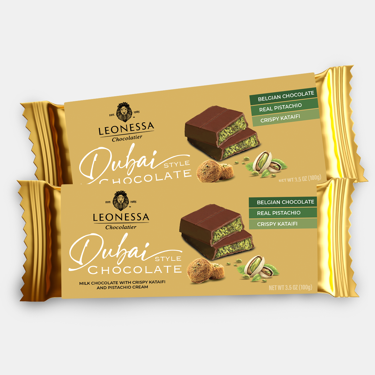 Two Leonessa Dubai Chocolate bars on a white background