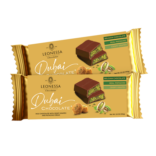 Two Leonessa Dubai Chocolate bars on a white background