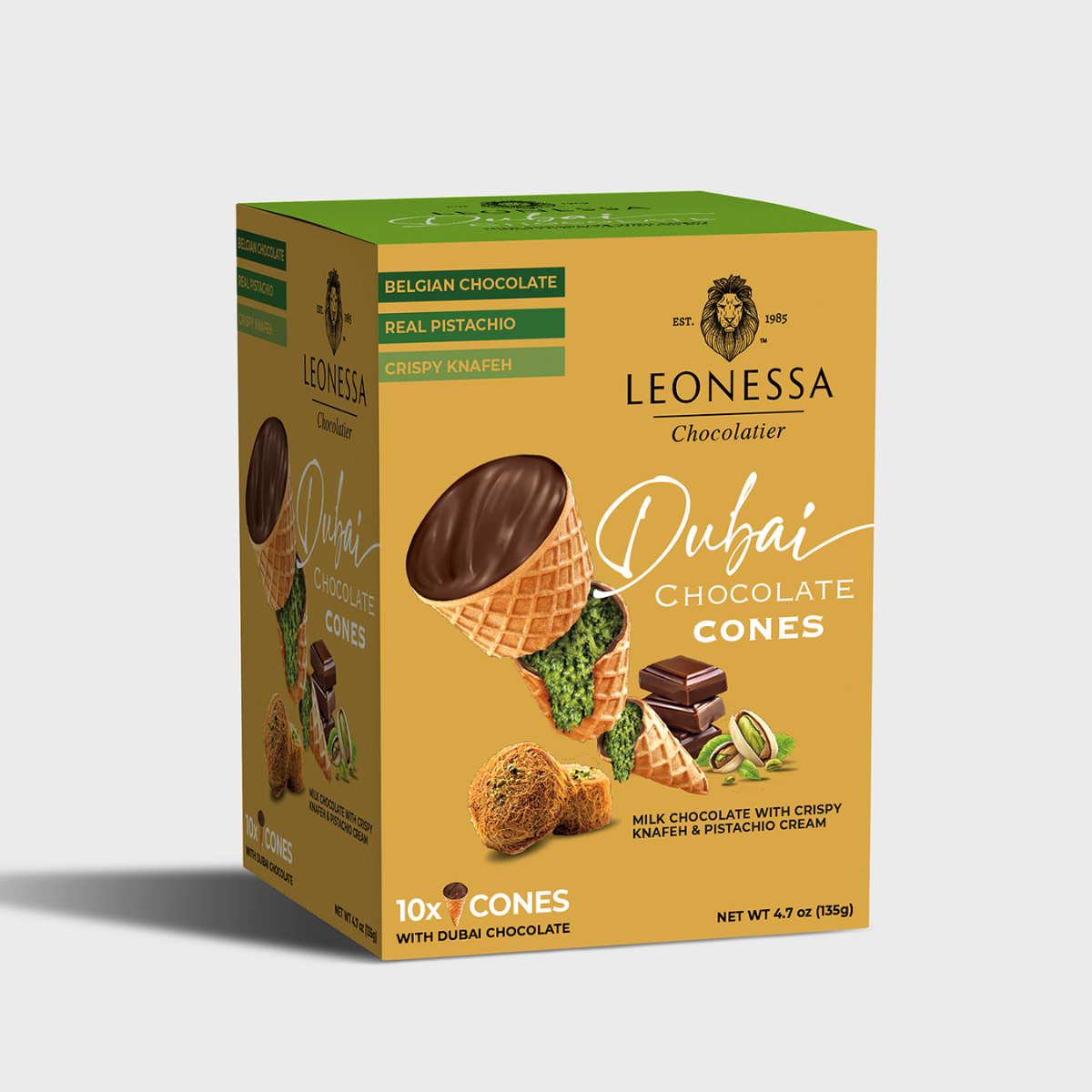 Leonessa Chocolatier Dubai Chocolate Cones with Belgian chocolate, pistachio cream, and crispy Kataifi – 10 mini cones in a 135g box.